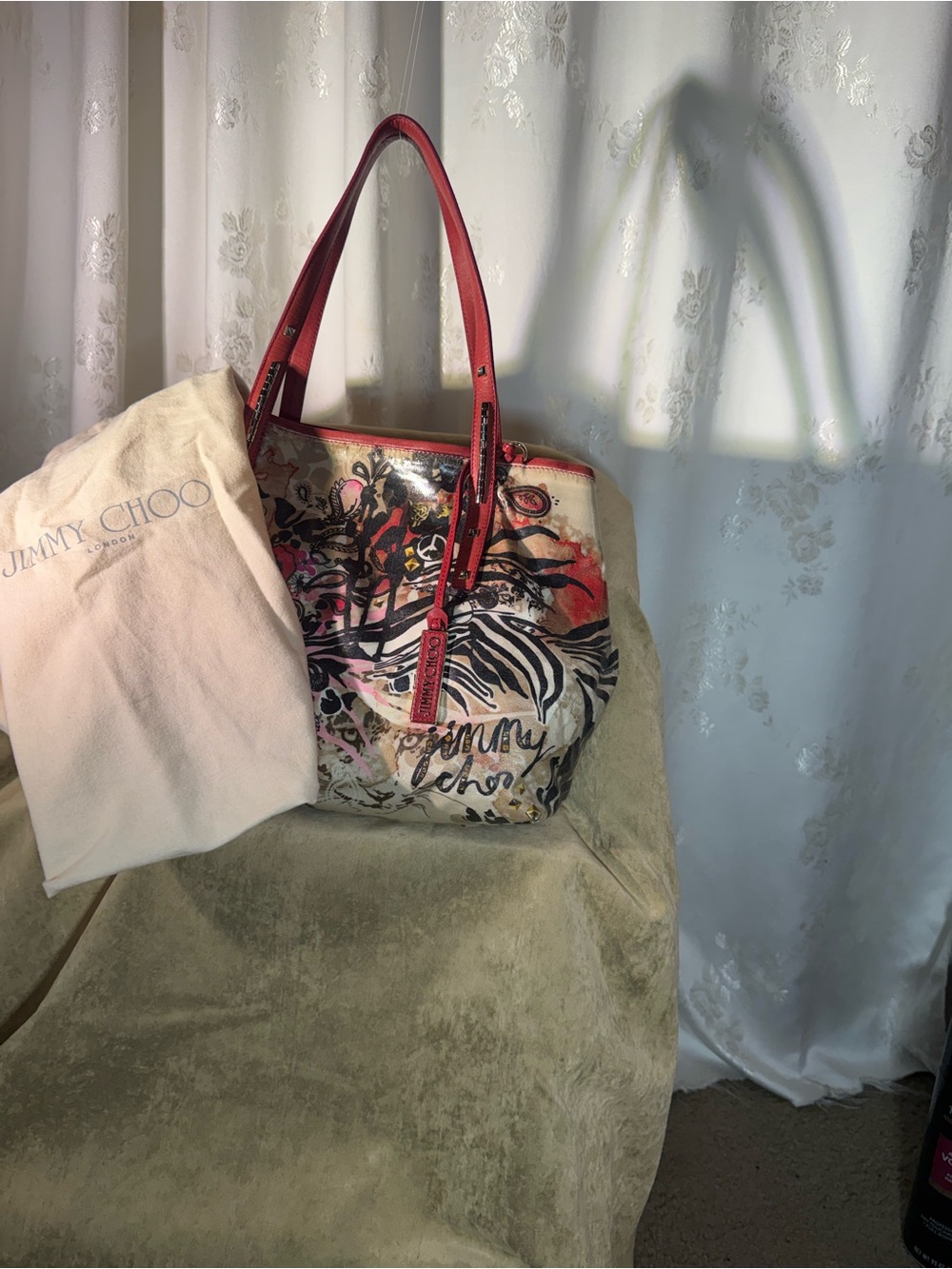Jimmy Choo Floral Multicolor Tote with Red Handles - Picture 3 of 11